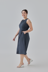 Clair Gathered Round Neck Jumpsuit in Dark Grey