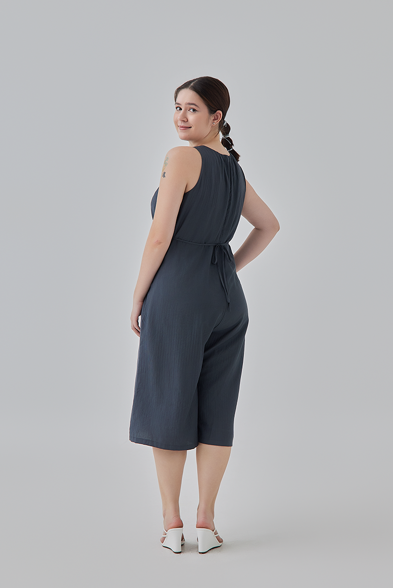 Clair Gathered Round Neck Jumpsuit in Dark Grey