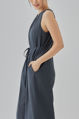 Clair Gathered Round Neck Jumpsuit in Dark Grey