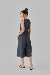 Clair Gathered Round Neck Jumpsuit in Dark Grey