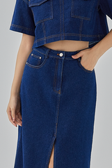 Harley Front Slit Denim Skirt in Dark Denim