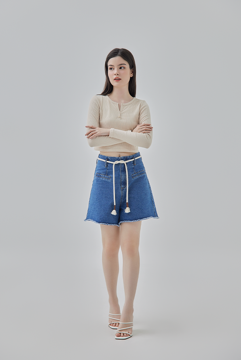 Sher High Waisted Denim Shorts in Denim Blue